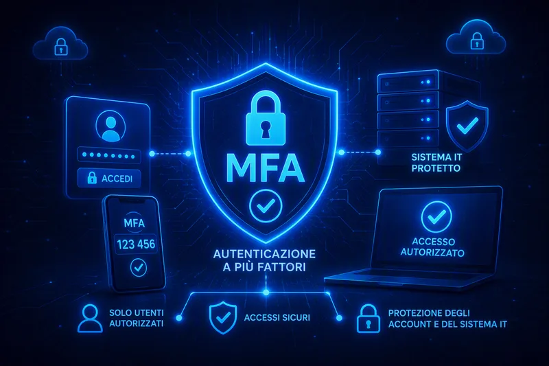 Autenticazione a più fattori (MFA): scudo con lucchetto che protegge account e sistemi aziendali