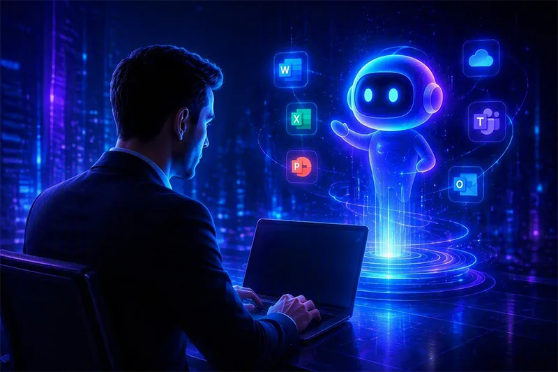 Professionista al computer con l'assistente AI Copilot e le icone delle app Microsoft 365